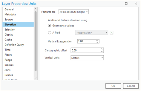 Configure the elevation of features on the Layer Properties dialog box. Configure the elevation of features on the Layer Properties dialog box.